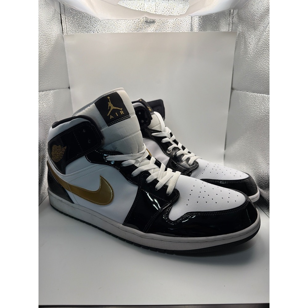 Jordan 1 Mid White Black Metallic Gold Patent Leather Sneakers SIZE 18